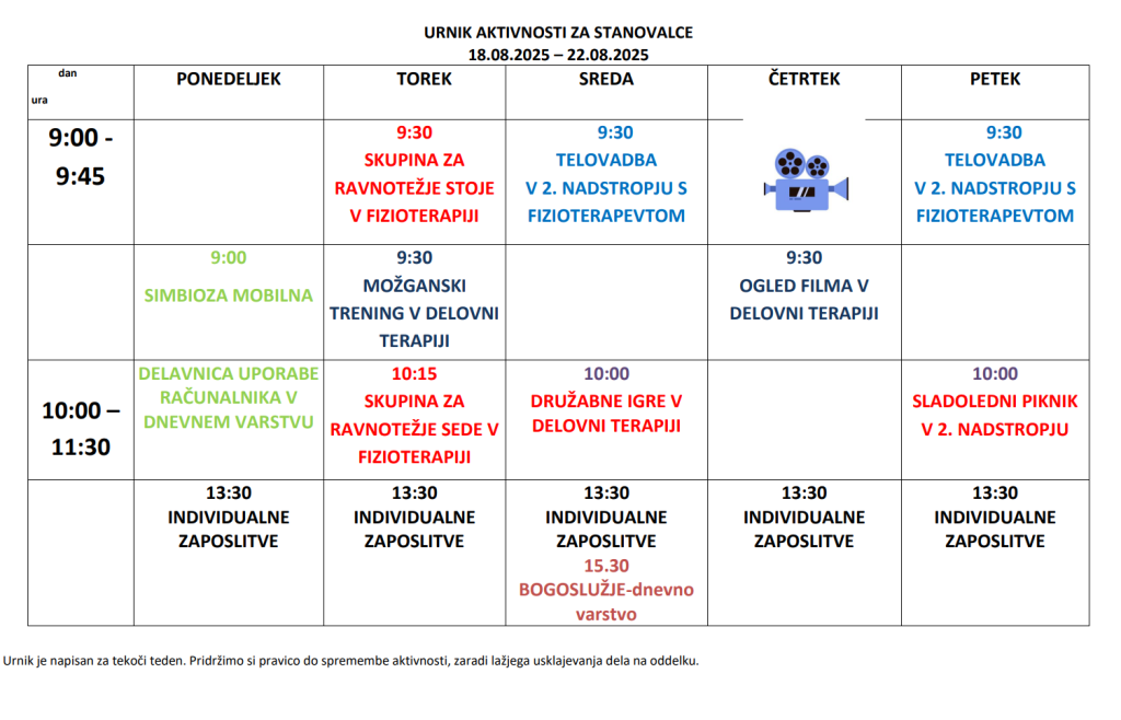 Urnik aktivnosti 18.8.-22.8.2025