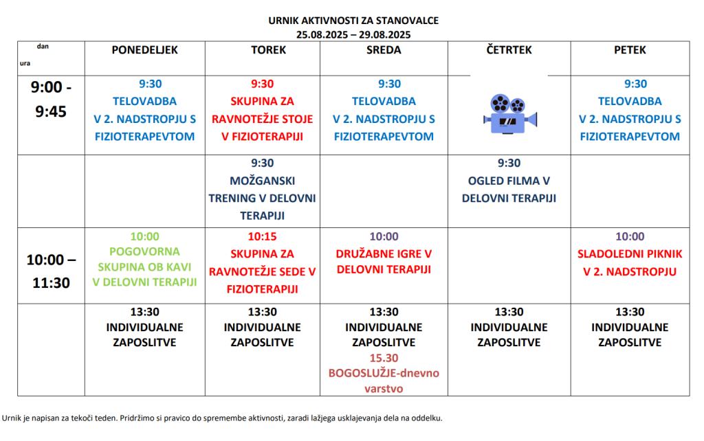 Urnik aktivnosti 25.8.-29.8.2025