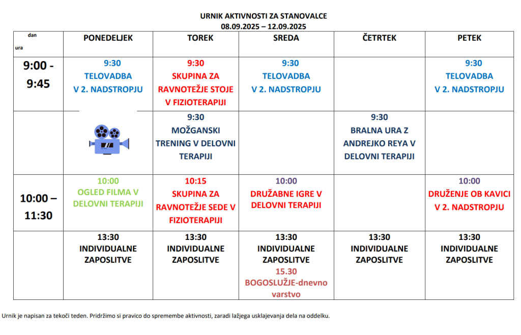 Urnik aktivnosti 8.9.2025-12.9.2025