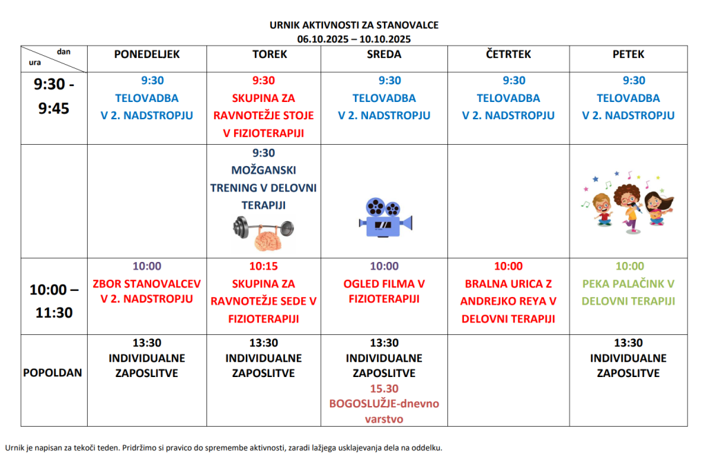 Urnik aktivnosti 6.10.-10.10.2025