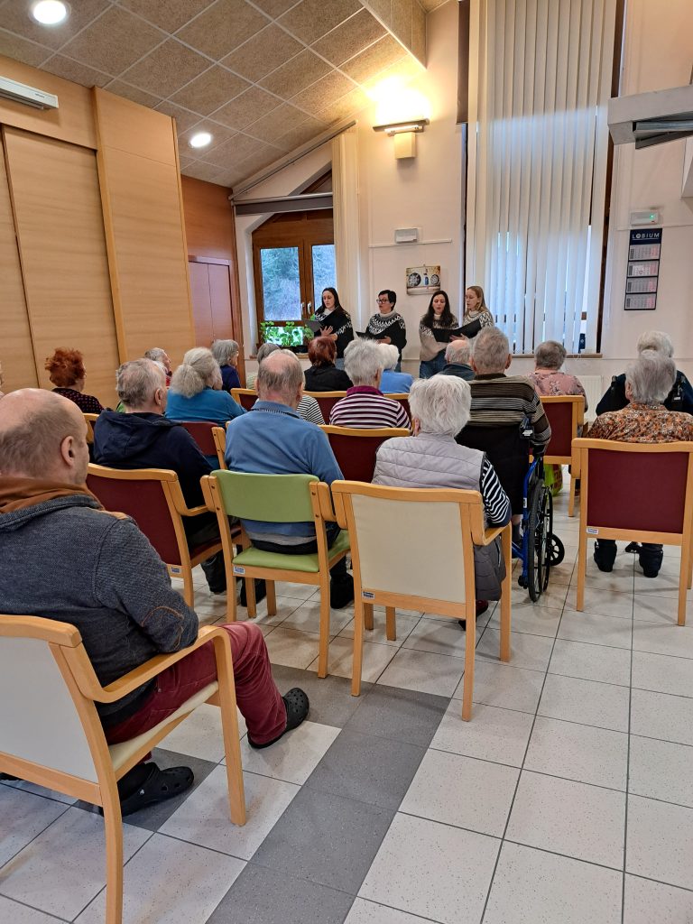 Na sliki je skupina starejših oseb ki posluša glasbeni nastop.