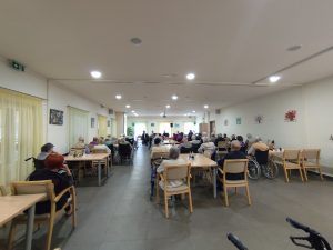 Slika prikazuje velik dvnevni prostor v katerem je veliko stranovalcev na stolih in vozičkih, njihovpogled je usmerjen proti 5 nastopajočim harmonikarjem.